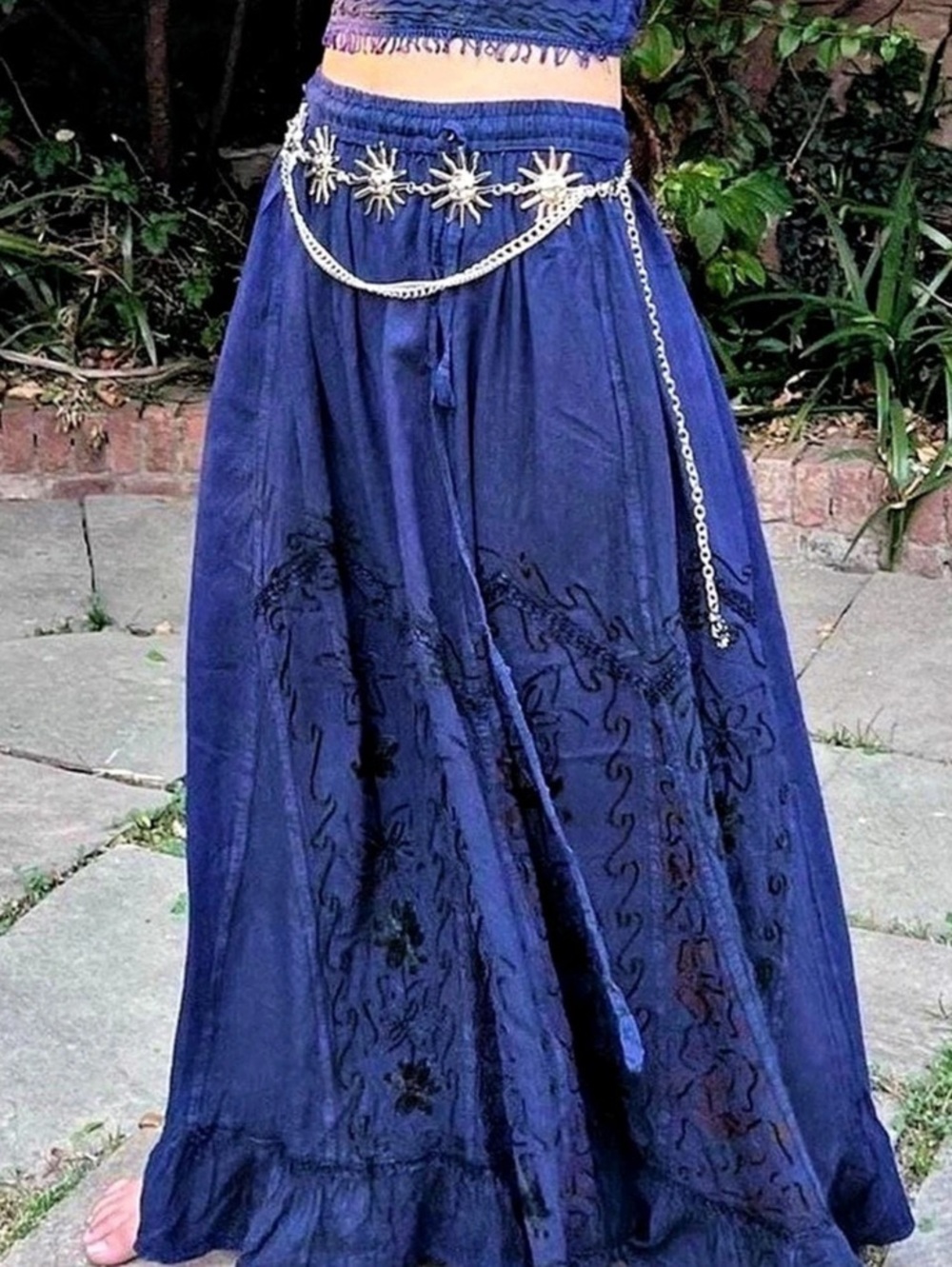 PuzzleStack Blue Embroidered Boho Maxi Skirt Rayon L